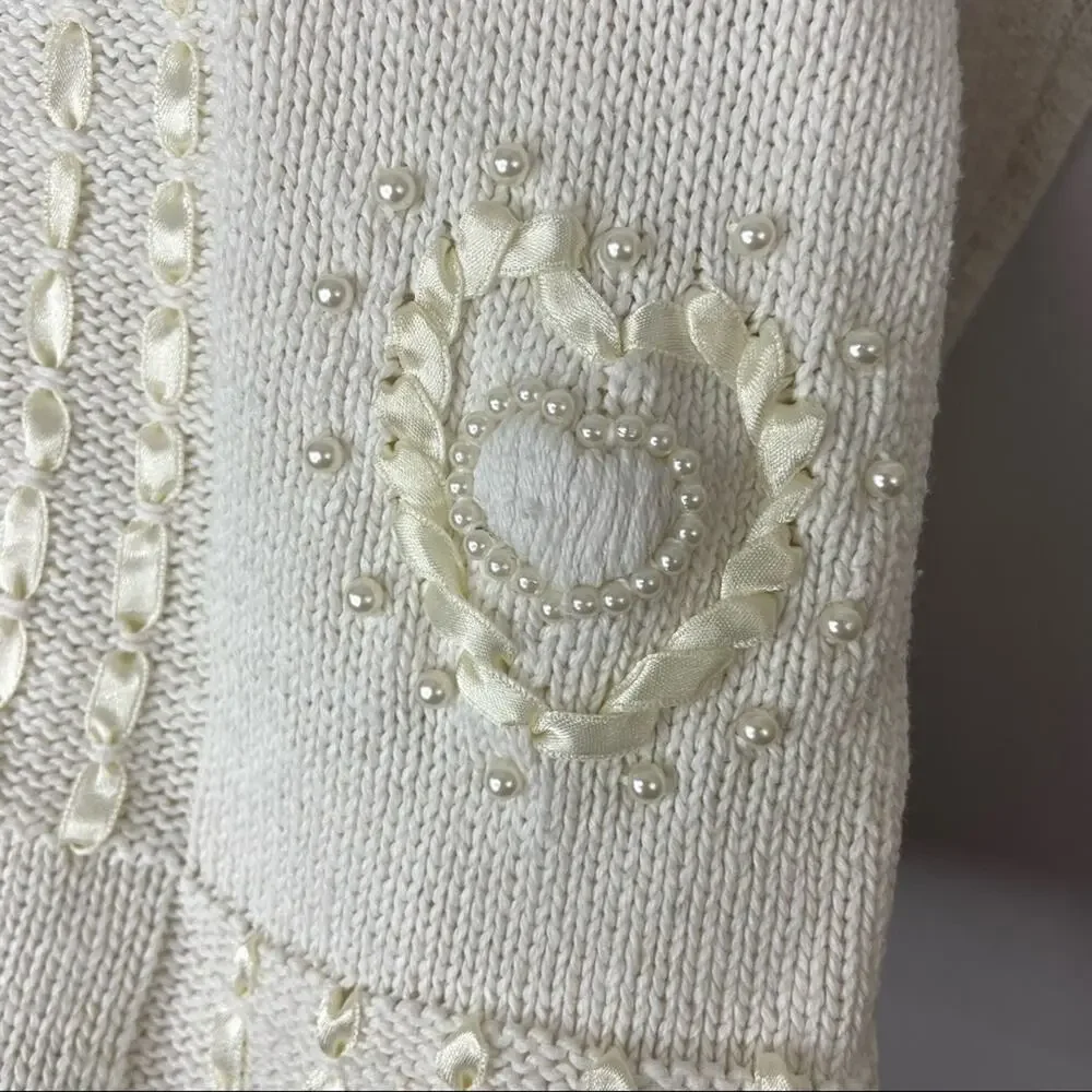 Vintage Jenny Pearl Ribbon Heart Cottagecore Grannycore Pullover Sweater Sz M